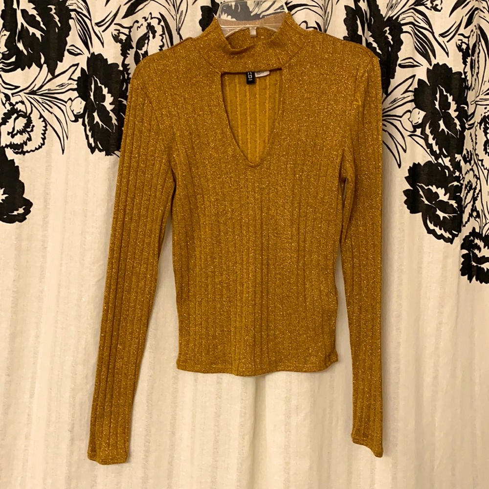 Divided gold shimmery long sleeve top with keyhole neckline sweater-like pattern